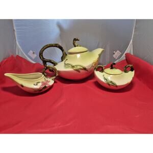 💥 Vintage Hull Woodland Teapot Sugar Creamer Aladdin Tea Set Chartreuse Green